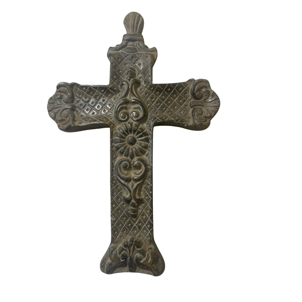 Elements Decorative Resin Cross Wall Hanging Carved Ready to Hand 10.5" x 7"